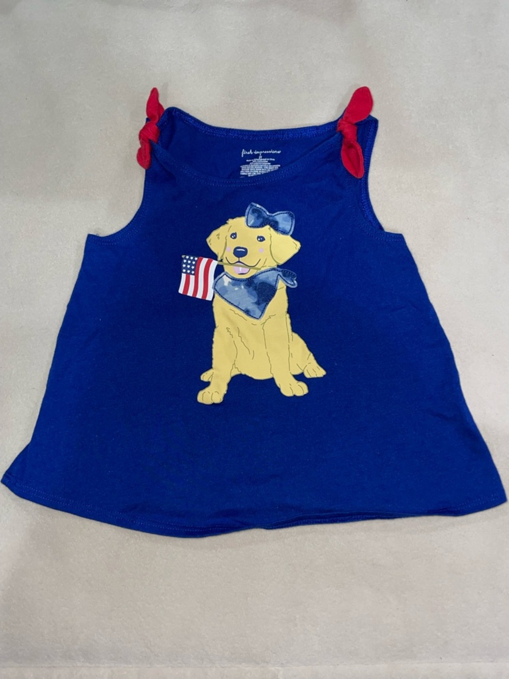 First Impressions Royal Blue Tank with‎ Yellow Puppy and Red Tie Straps